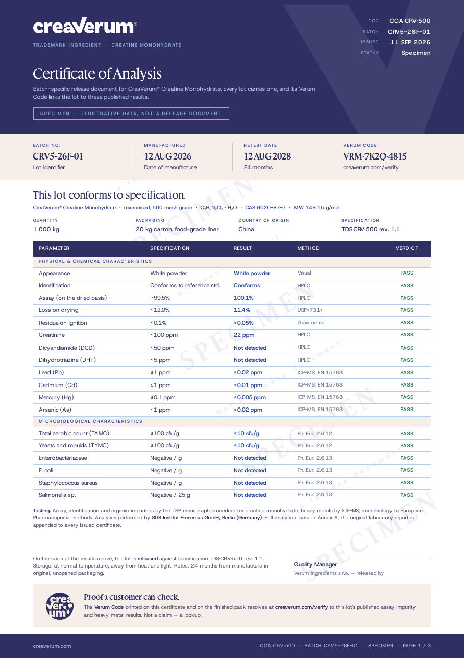 Certificate of Analysis, batch CRV5-26F-01 — page 1 of 3